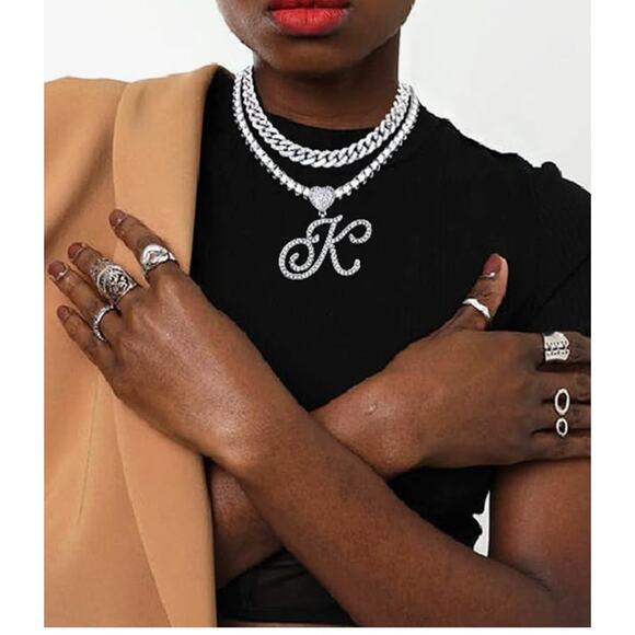 Iced Out Initial K Cuban Heart Chain Necklace Layered CZ Bling Choker - Picture 4 of 5